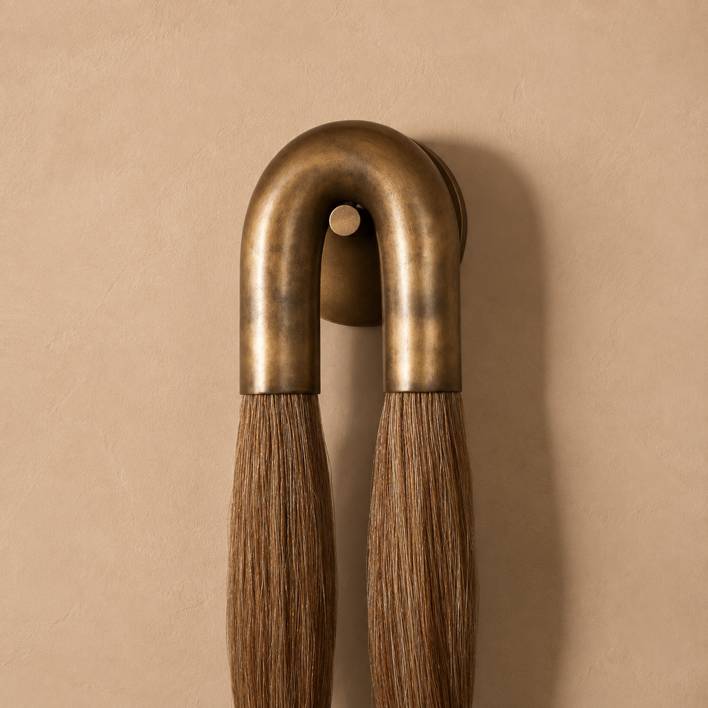 A close-up of a wall-mounted decorative object with a curved metallic top in an antique brass finish and two vertical handles made of brown woven material, set against a warm beige textured wall.