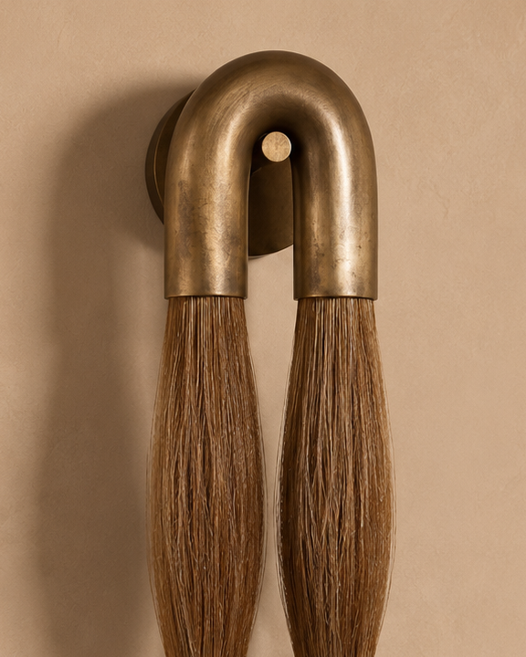A rustic wall-mounted sconce with two vertical brush-like handles in brown wood, flared with antique brass metal caps, and ending in frosted white glass shades, set against a warm beige textured wall.